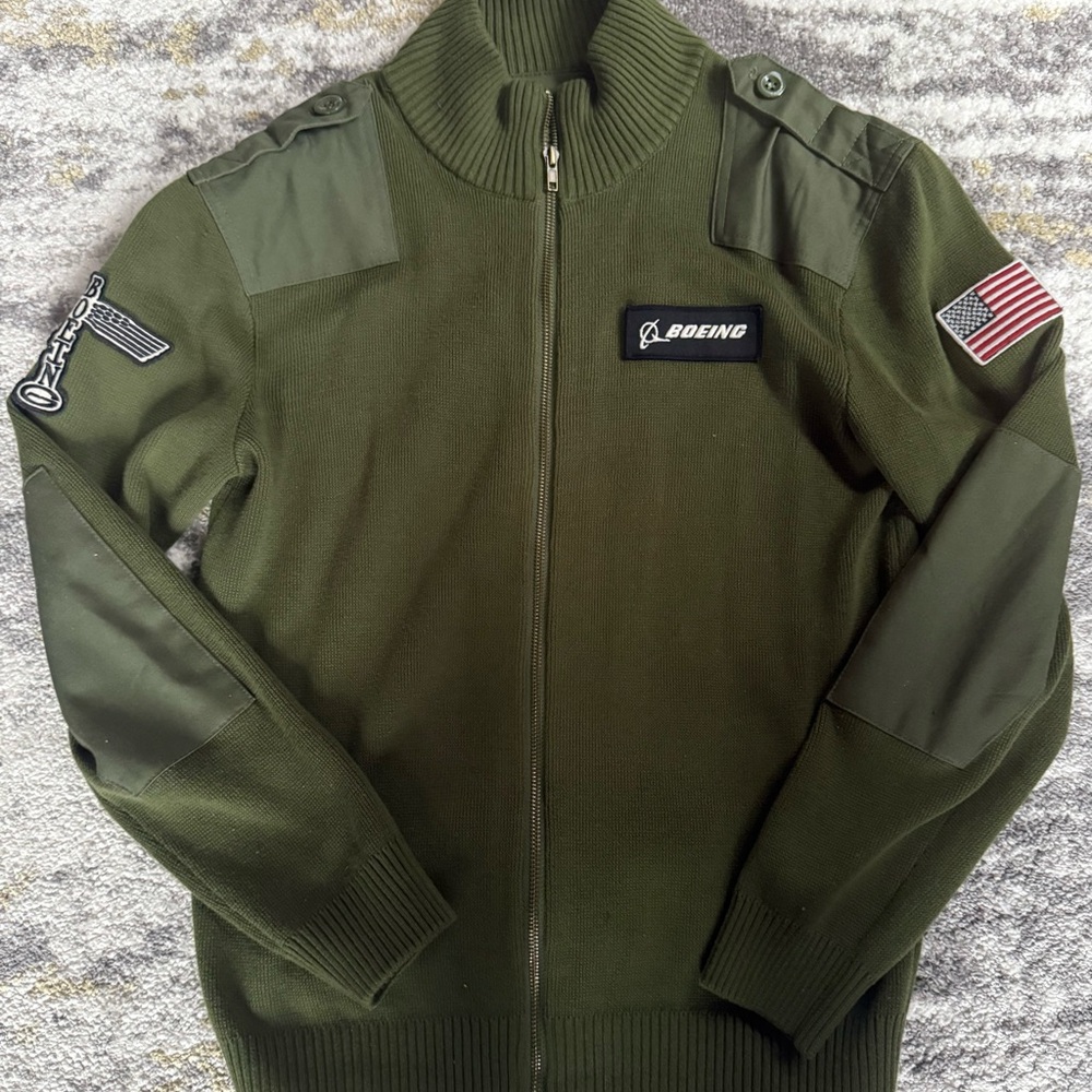 Boeing Military Pilot Full Zip Sweater Army Green